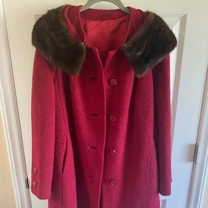 Fur Coat - Red Textured Wool Coat Ladies Large